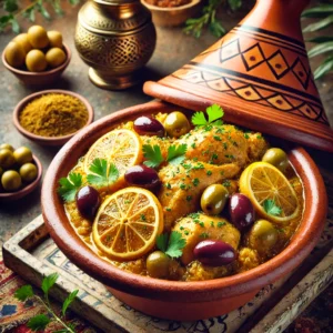 Een heerlijke Marokkaanse kip tajine gepresenteerd in een traditionele kleien tajine, gegarneerd met geconserveerde citroenen, groene en paarse olijven, en verse koriander.
