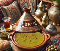 Tajine van Erwtensoep Bissara met olijfolie en komijnpoeder, geserveerd in een decoratieve tajine van Tajine.nl.