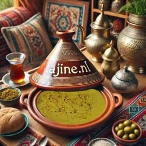 Tajine van Erwtensoep Bissara met olijfolie en komijnpoeder, geserveerd in een decoratieve tajine van Tajine.nl.