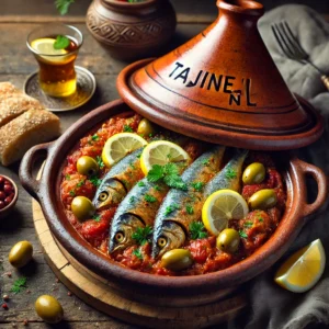 Een Marokkaanse tajine met sardientjes, tomatensaus en kruiden, geserveerd in een traditionele aardewerken schaal.