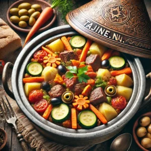 Tajine gerecht met vlees, groenten en deksel met Tajine.nl decoratie