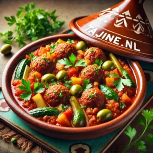 Marokkaanse kefta tajine met gehaktballetjes, tomatensaus en olijven, geserveerd in een traditionele tajine.