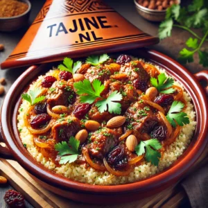 Authentieke Marokkaanse couscous met vlees en uien-rozijnensaus, gepresenteerd op een schaal met verse koriander en amandelen