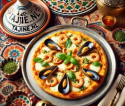 Italiaanse pizza met zeevruchten geserveerd op een Marokkaanse tafel, met Tajine.nl decoratief verwerkt in de tajinedeksel.