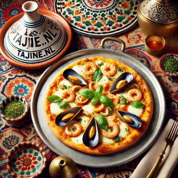 Italiaanse pizza met zeevruchten geserveerd op een Marokkaanse tafel, met Tajine.nl decoratief verwerkt in de tajinedeksel.