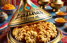 Marokkaanse Harchakoekjes in de vorm van bloemetjes, gepresenteerd op een mooi gedekte tafel met Tajine.nl subtiel verwerkt in de decoratie.