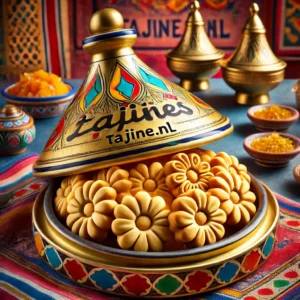 Marokkaanse Harchakoekjes in de vorm van bloemetjes, gepresenteerd op een mooi gedekte tafel met Tajine.nl subtiel verwerkt in de decoratie.