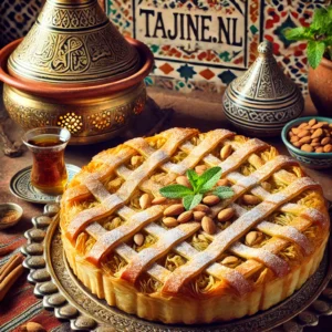 Authentieke Marokkaanse Bastilla met kip en amandelen, geserveerd met poedersuiker en kaneel, naast een decoratieve tajine.
