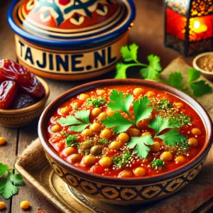 Een kom traditionele Marokkaanse Harira soep, gevuld met linzen, kikkererwten en kruiden, met Tajine.nl verwerkt in de decoratie.