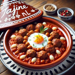 Een heerlijke Marokkaanse Kefta Tajine met Eieren, geserveerd in een traditionele tajine met brood.
